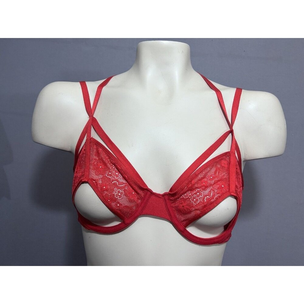 Adore Me Bra 34DD Red Lace Bondage Cage  underwired Peek A Boo Sexy Lingerie